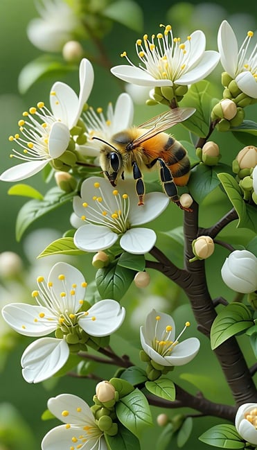 a honey bee pollinating a blooming tree  show half of the tree more from distance-1